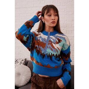 BDG Urban Outfitters Jesse Size L Half Zip Mountain Forest Winter Sweater(A533)